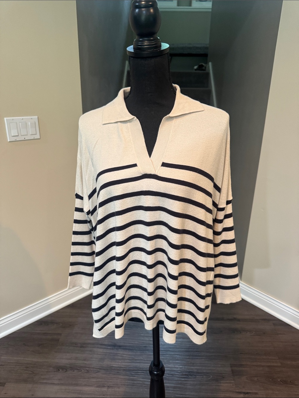 Cream and Black Striped V-Neck Collared Women's Top